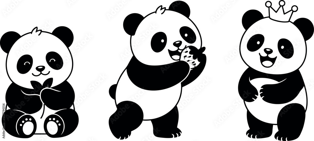 Obraz premium Cute Giant Panda Bear Cartoon Character Vector Set with Adorable Expressions Wearing a Crown and Eating Bamboo for Kids Nursery Designs