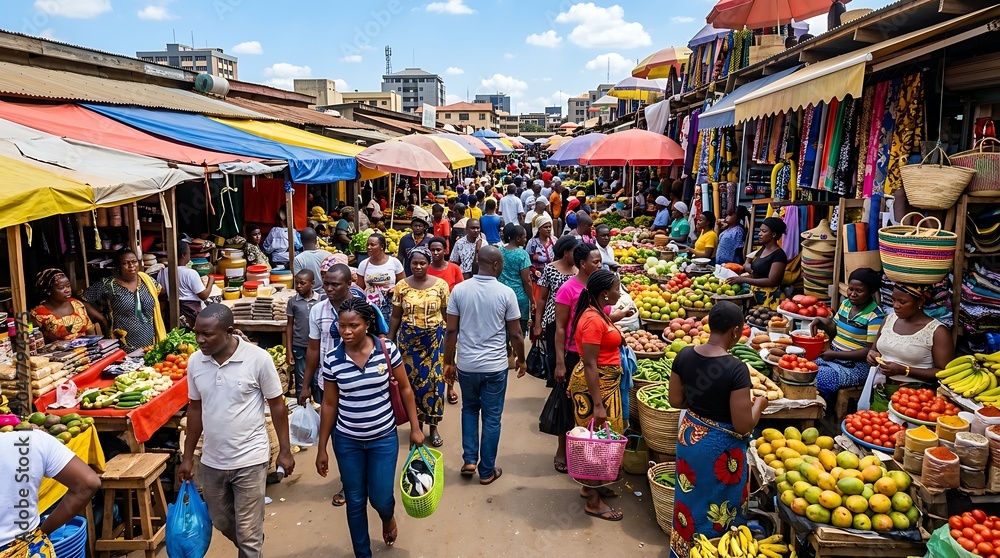 Fototapeta premium Vibrant outdoor market with people shopping and local vendors
