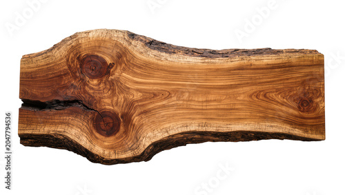 Canvastavla Natural live edge wood slab with prominent knots and bark, isolated on transpare