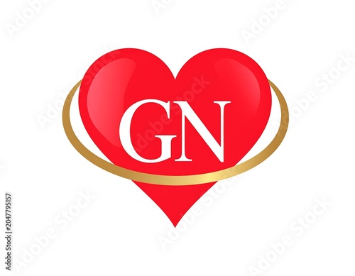 A red heart with a gold ring and white letters on a white background