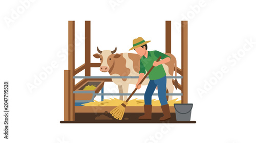 Farmer cleaning cow stall with broom in barn, livestock care concept