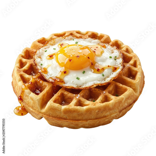 Fluffy waffle with fried egg and syrup isolated on transparent background
