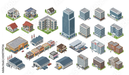 Cuadro en lienzo Isometric buildings collection urban architecture vector illustration