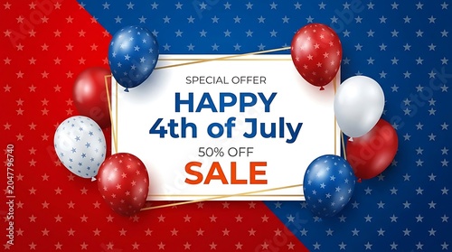 Happy 4th of july sale with balloons on red and blue starry background