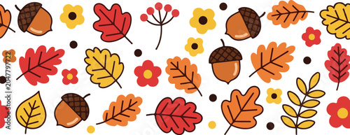 Autumn seamless border with colorful leaves, acorns and flowers, fall season vector banner design