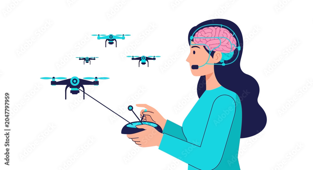Fototapeta premium Brain-Computer Interface Concept: Woman Controlling a Swarm of Drones with Neural Headset, Future Technology and Neurotechnology Flat Illustration