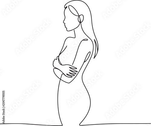Continuous line drawing of a woman standing with her arms crossed