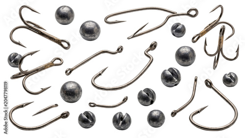Obraz na plátně Assorted Fishing Hooks And Lead Sinkers On Transparent Background
