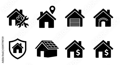 Set of 8 Black House Icons: Real Estate, Home Services, Security, Location, Solar Power, Garage, Finance Icons