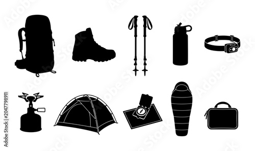 Collection of trail hiking silhouettes featuring backpack boot poles bottle headlamp stove tent compass map sleeping bag and first aid case