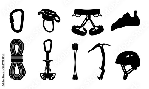 Collection of rock climbing silhouettes featuring carabiners belay device harness climbing shoe rope cam quickdraw ice axe and helmet