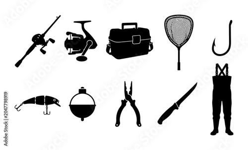 Collection of fishing accessory silhouettes featuring rod reel tackle box landing net hook lure bobber pliers fillet knife and waders