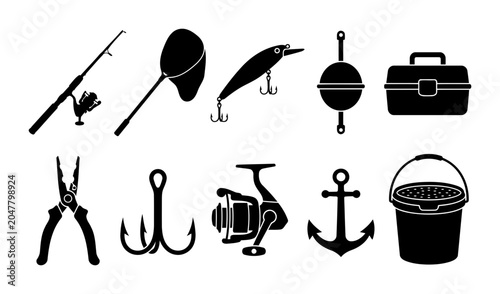 Collection of fishing tackle silhouettes showing rods lure bobber tackle box pliers treble hook spinning reel anchor and bait bucket