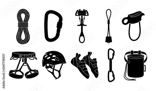 Collection of climbing equipment silhouettes showing rope carabiner cam quickdraw belay device harness helmet shoes and chalk bag