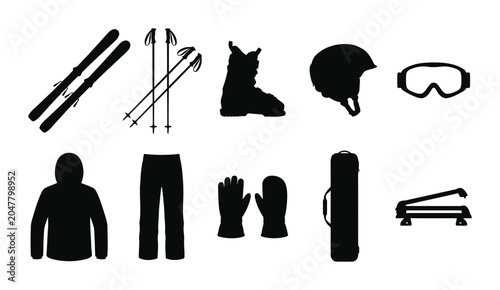 Collection of ski gear silhouettes featuring skis poles boot helmet goggles jacket pants gloves ski bag and roof rack