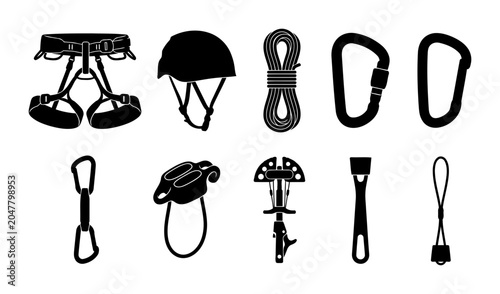 Collection of alpine climbing silhouettes featuring harness helmet rope locking carabiners quickdraw belay device cam ice tool and sling