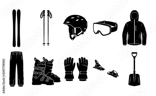 Collection of ski equipment silhouettes featuring skis poles helmet goggles jacket ski pants boots gloves bindings and snow shovel
