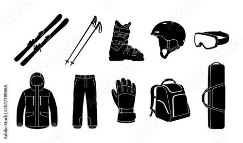 Collection of winter sports silhouettes showing skis poles ski boot helmet goggles jacket pants gloves backpack and ski case