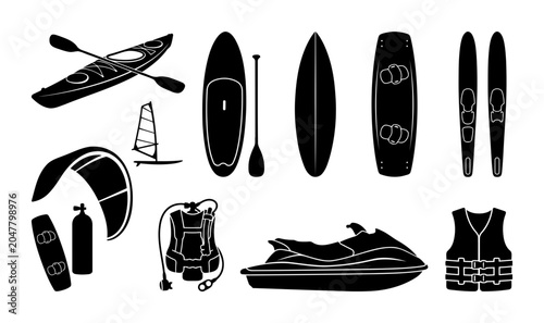 Collection of aquatic sports silhouettes showing kayak paddle board surfboard wakeboard water skis windsurf sail kite diving tank jet ski and life vest