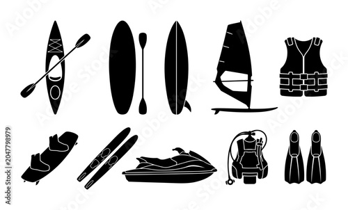 Collection of surf and boating silhouettes with kayak paddle board surfboard windsurf sail life vest wakeboard water skis jet ski and fins