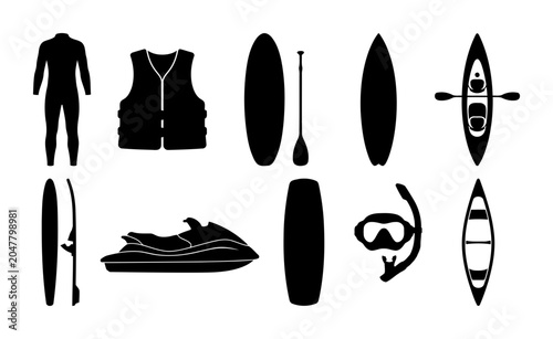 Collection of water sports silhouettes featuring wetsuit life jacket surfboards paddle kayak jet ski snorkel mask flippers and canoe
