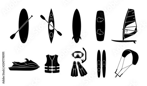 Collection of watersport equipment silhouettes featuring paddle board kayak surfboard wakeboard windsurf sail jet ski life vest snorkel set water skis and kite