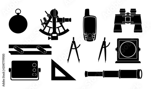 Collection of navigation and drafting tool silhouettes featuring compass sextant GPS device binoculars calipers set square drawing tablet and telescope