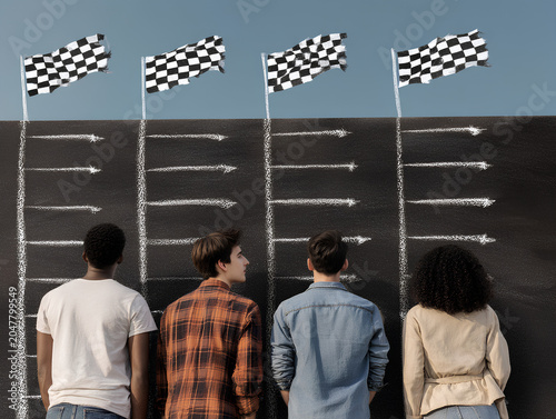 Creative team writing on a chalkboard wall designed like a racetrack, marking milestone flags.