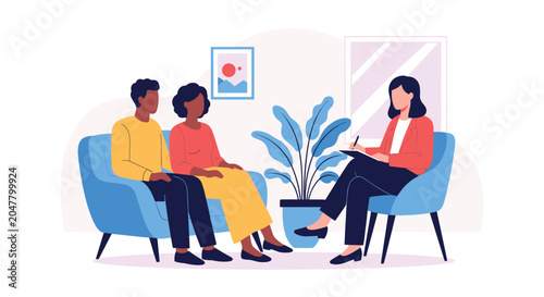 Diverse couple sitting on a sofa during a counseling session with a professional female psychologist in a cozy office.