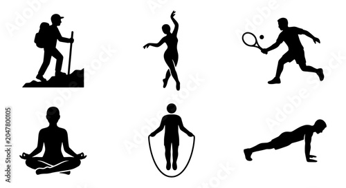 Bild auf Leinwand Active Lifestyle Icons: Hiking, Ballet, Tennis, Yoga, Jump Rope, Push-ups, Silho