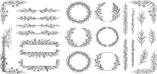 Set of elegant floral logo elements. Borders and dividers, frame corners and branch. Boho Hand drawn line wedding herb, leaves for invitation save the date card. Botanical rustic trendy greenery