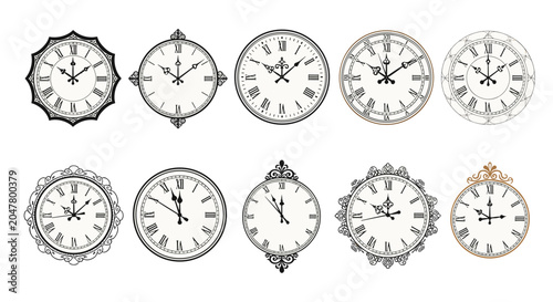 Vintage clock face collection showcases diverse Roman numeral designs and ornate hands for antique style timekeeping art.