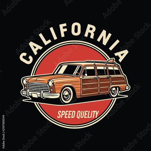 Vintage California Woodie Station Wagon Classic Surf Car Illustration.