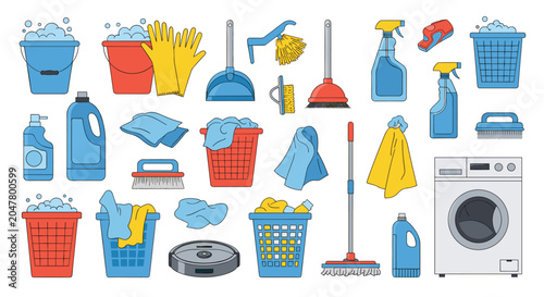 Comprehensive household cleaning equipment and laundry supply collection includes buckets, mops, detergent, and a washer.