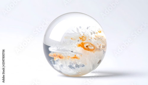 Clear glass sphere with white and orange inclusions, isolated on a plain white background, abstract texture effect