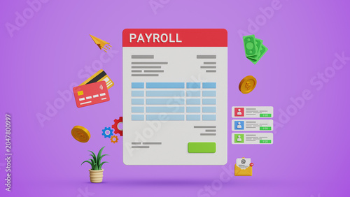 Payroll Management System. Salary Slip, Employee Compensation, HR Software, Wage Calculation, Pay Slip Processing, Fintech, Workforce Administration. Payroll Cycle Interface, Salary Slip. 3D Render