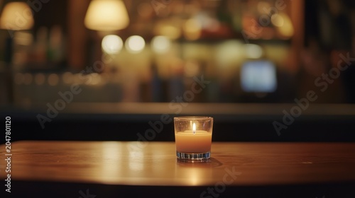 Lit candle on a wooden table in front of blurred bar, warm lighting, intimate feel