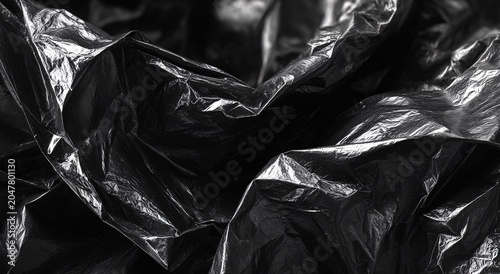 Crumpled black plastic texture with glossy reflective folds