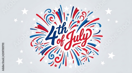 Vibrant 4th of july celebration graphic with fireworks and stars on gray background
