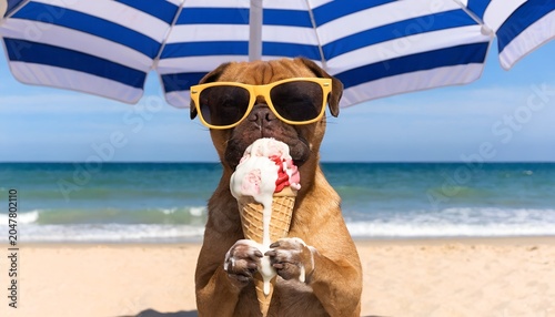 A comical moment of a funny looking dog wearing sunglasses eating ice cream under beach umbrella