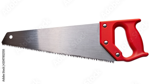 Фотография Sharp metal hand saw with red plastic handle, isolated on transparent background
