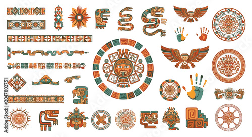 Huge collection of traditional Aztec and Mayan style symbols, patterns, deities, and decorative elements in earth tones.