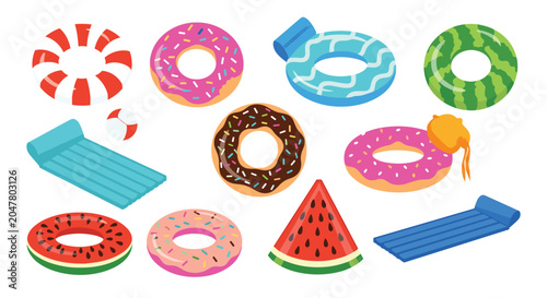 Set of colorful inflatable pool floats and swim rings in fun shapes like donuts, watermelon, and striped patterns for summer water activities.