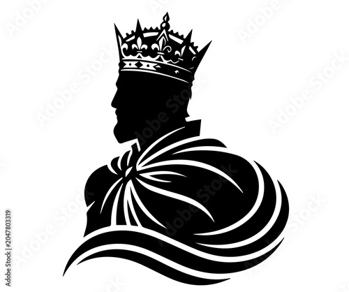 Photography Silhouette profile of a king wearing a royal crown and cloak with silhouette lea