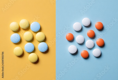 Round pills arranged on split color background studio