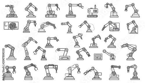 collection of industrial robot arm icons in a pixel art style, representing automation and manufacturing, factory technology, assembly line equipment, engineering and production