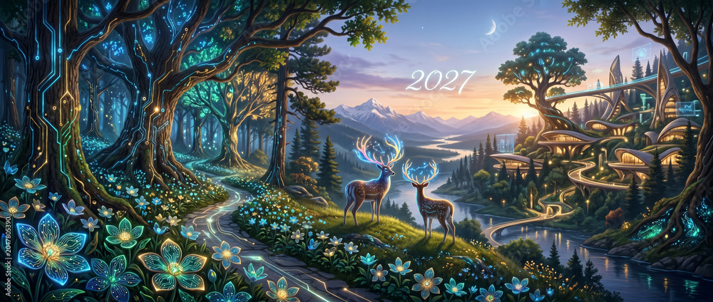 Fototapeta premium Forêt magique et futuriste avec cerfs lumineux en 2027