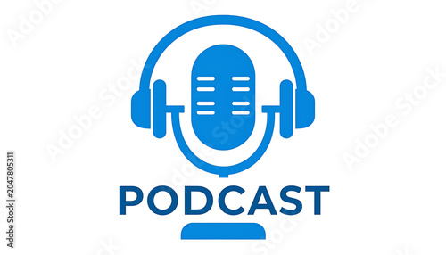 Blue podcast icon with microphone and headphones, audio recording symbol, broadcasting and communication concept, media broadcasting and sound recording icon