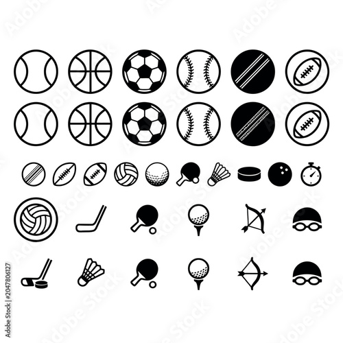 Sporting Equipment Icons Black And White Vector Illustration Set ball