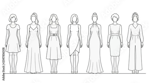 Line Art Illustrations Of Women In Various Dresses And Outfits
